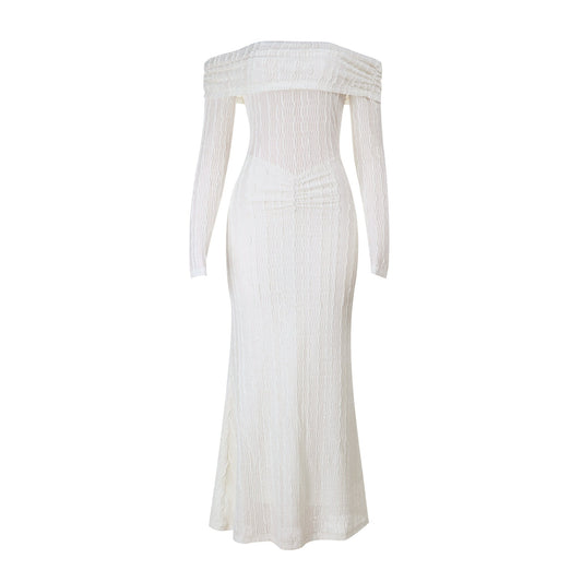 Off shoulder long sleeve textured ruched maxi dress  | Festival Outfits Women