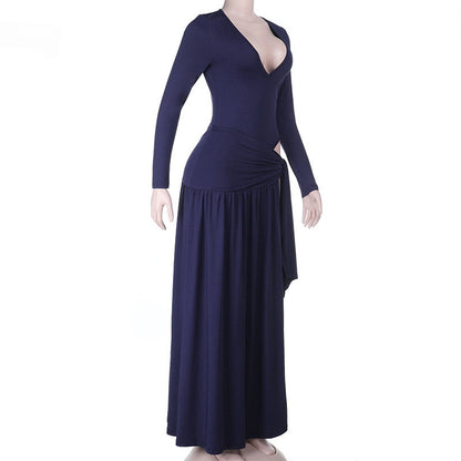 Long sleeve v neck ruched irregular maxi skirt set  | Festival Outfits Women
