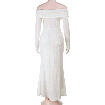 Off shoulder long sleeve textured ruched maxi dress  | Festival Outfits Women