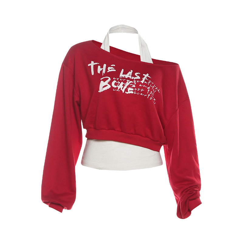 Long sleeve halter letter print top  | Festival Outfits Women