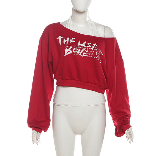 Long sleeve halter letter print top  | Festival Outfits Women
