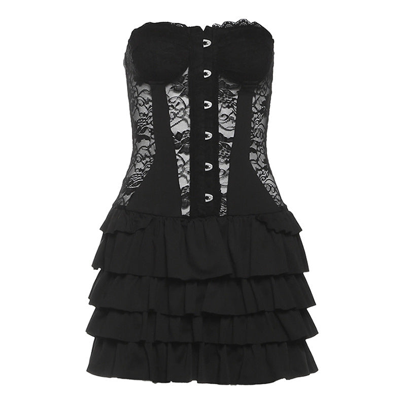 Sweetheart neck button ruffle lace mini dress  | Festival Outfits Women