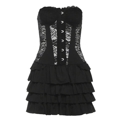 Sweetheart neck button ruffle lace mini dress  | Festival Outfits Women