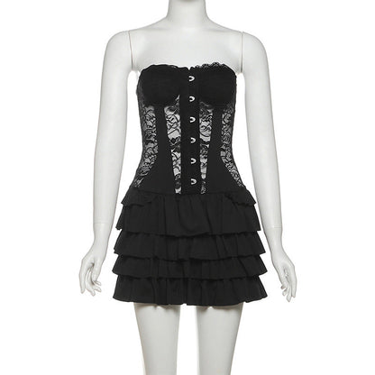 Sweetheart neck button ruffle lace mini dress  | Festival Outfits Women