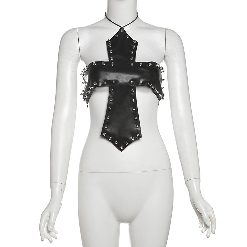 PU leather rivet self tie halter top  | Festival Outfits Women