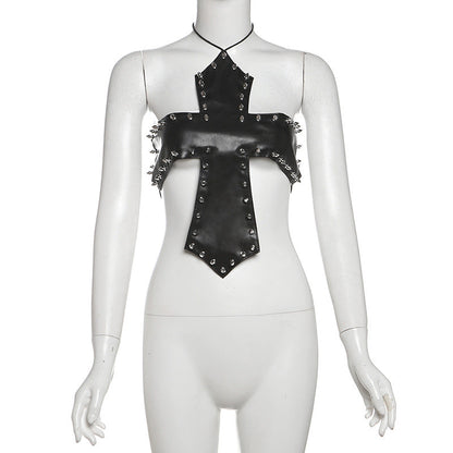 PU leather rivet self tie halter top  | Festival Outfits Women