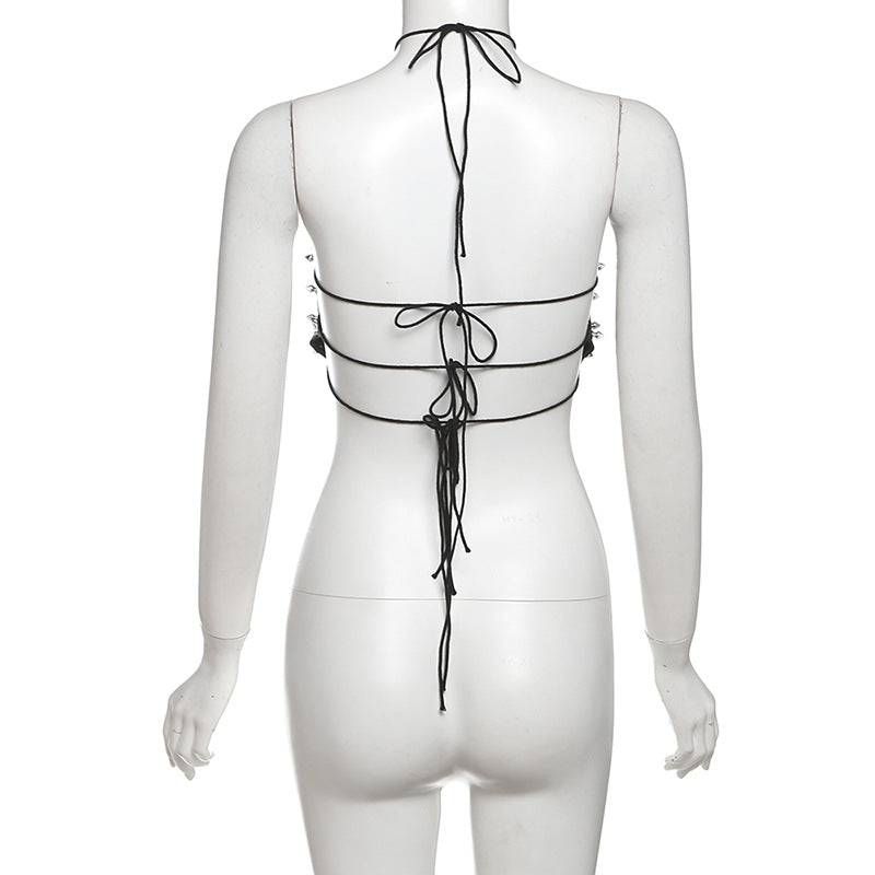 PU leather rivet self tie halter top  | Festival Outfits Women