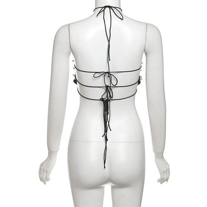 PU leather rivet self tie halter top  | Festival Outfits Women