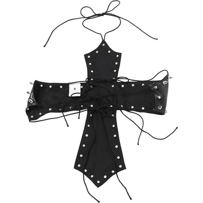 PU leather rivet self tie halter top  | Festival Outfits Women