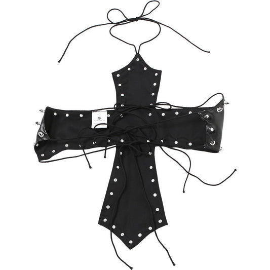 PU leather rivet self tie halter top  | Festival Outfits Women