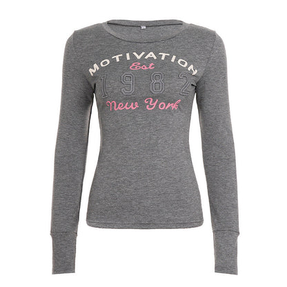 Long sleeve crewneck letter print top  | Festival Outfits Women