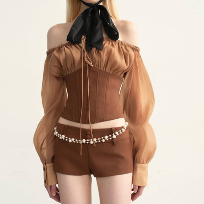 Puff sleeve off shoulder corset self tie top  | Festival Outfits Women