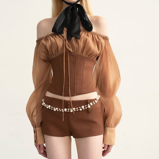 Puff sleeve off shoulder corset self tie top  | Festival Outfits Women