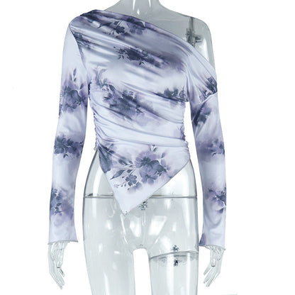 One shoulder long sleeve flower print irregular top  | Festival Outfits Women