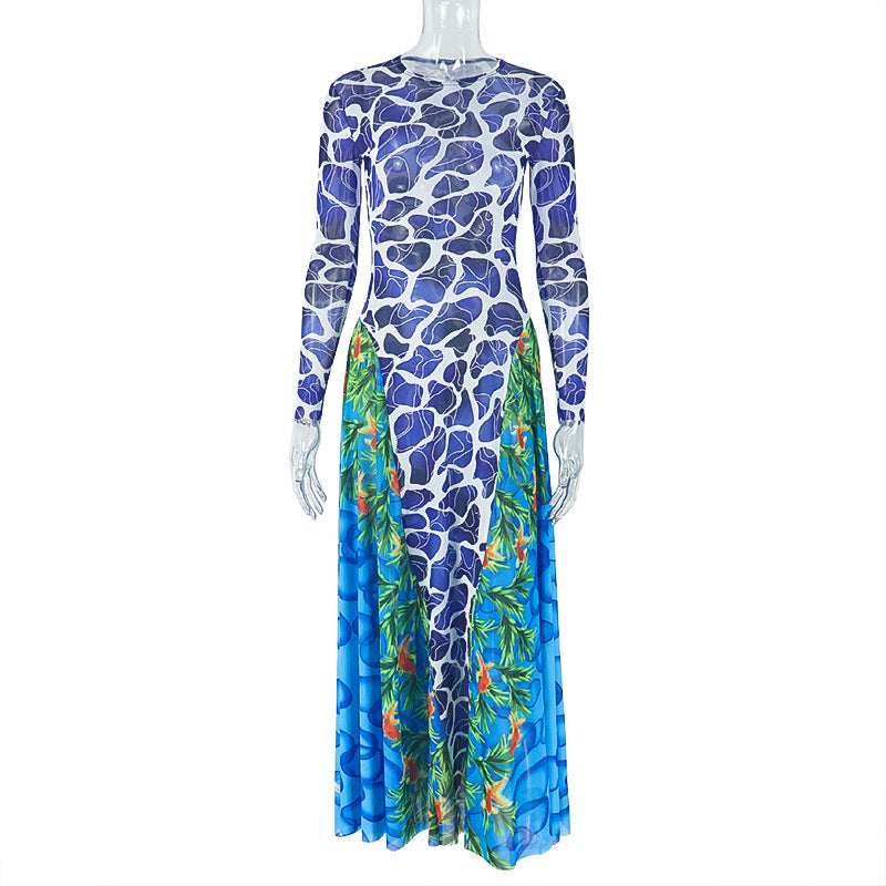 Long sleeve crewneck contrast print maxi dress  | Festival Outfits Women