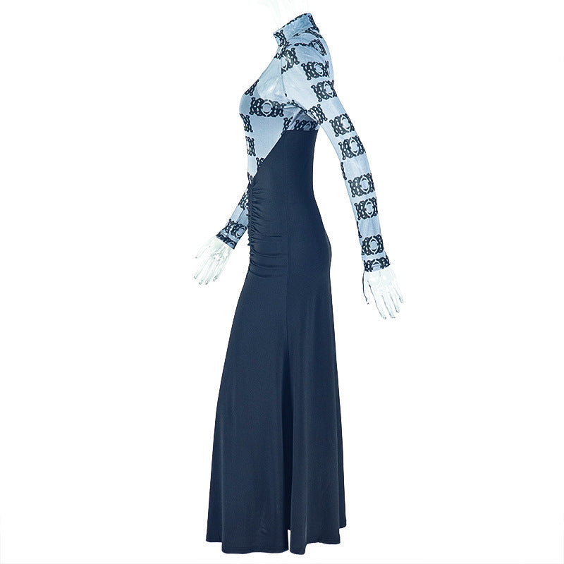 High neck long sleeve ruched print maxi dress  | Festival Outfits Women