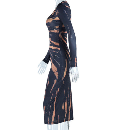 U neck long sleeve print maxi dress  | Festival Outfits Women