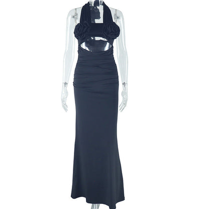 Halter flower applique hollow out cut out maxi dress  | Festival Outfits Women