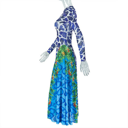 Long sleeve crewneck contrast print maxi dress  | Festival Outfits Women