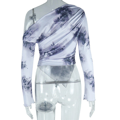 One shoulder long sleeve flower print irregular top  | Festival Outfits Women