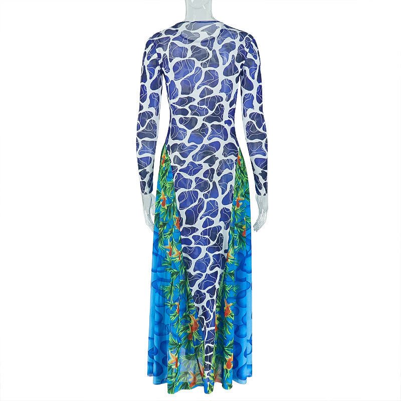 Long sleeve crewneck contrast print maxi dress  | Festival Outfits Women