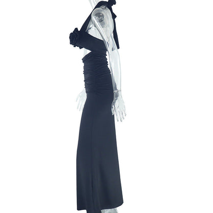 Halter flower applique hollow out cut out maxi dress  | Festival Outfits Women