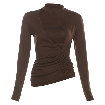 Long sleeve ruched 2 piece hollow out cut out top  | Festival Outfits Women