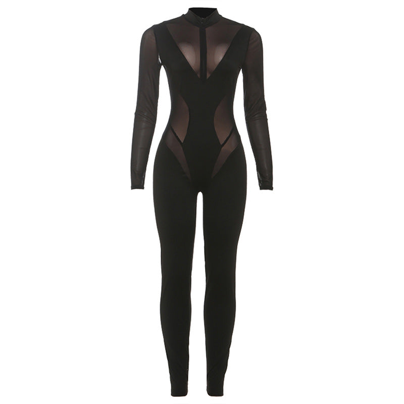 High neck long sleeve mesh patchwork jumpsuit  | Festival Outfits Women