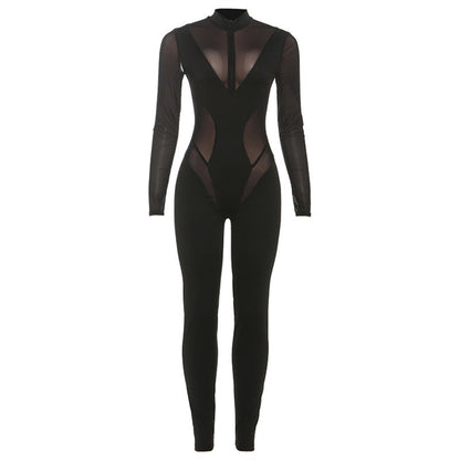 High neck long sleeve mesh patchwork jumpsuit  | Festival Outfits Women