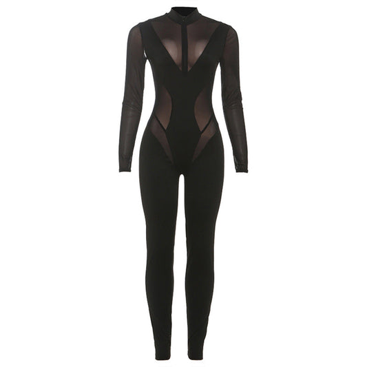 High neck long sleeve mesh patchwork jumpsuit  | Festival Outfits Women