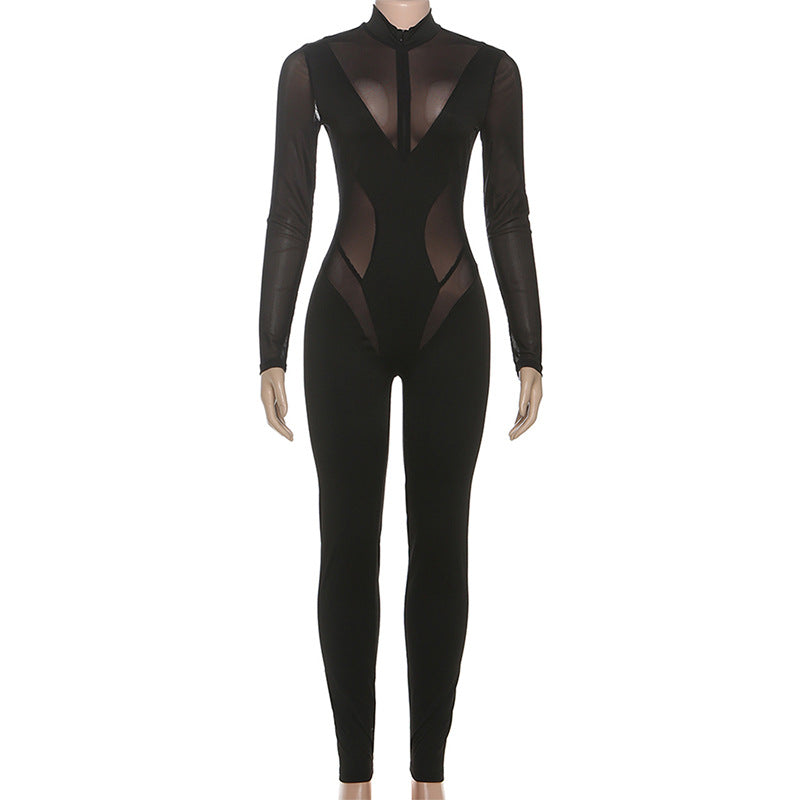 High neck long sleeve mesh patchwork jumpsuit  | Festival Outfits Women