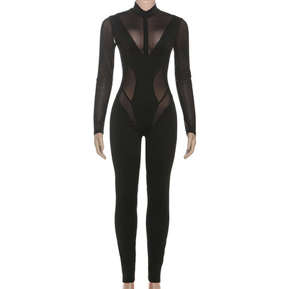 High neck long sleeve mesh patchwork jumpsuit  | Festival Outfits Women