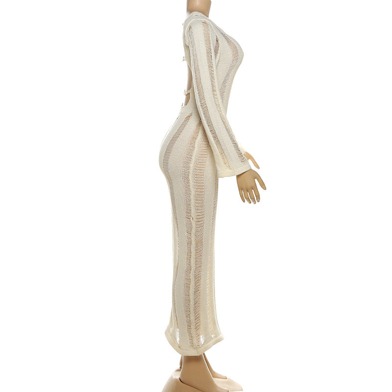 Long sleeve backless knitted hollow out cut out maxi dress  | Festival Outfits Women