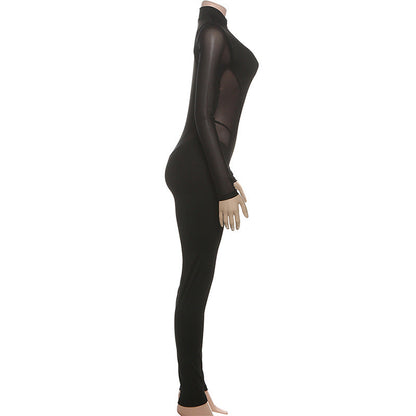 High neck long sleeve mesh patchwork jumpsuit  | Festival Outfits Women