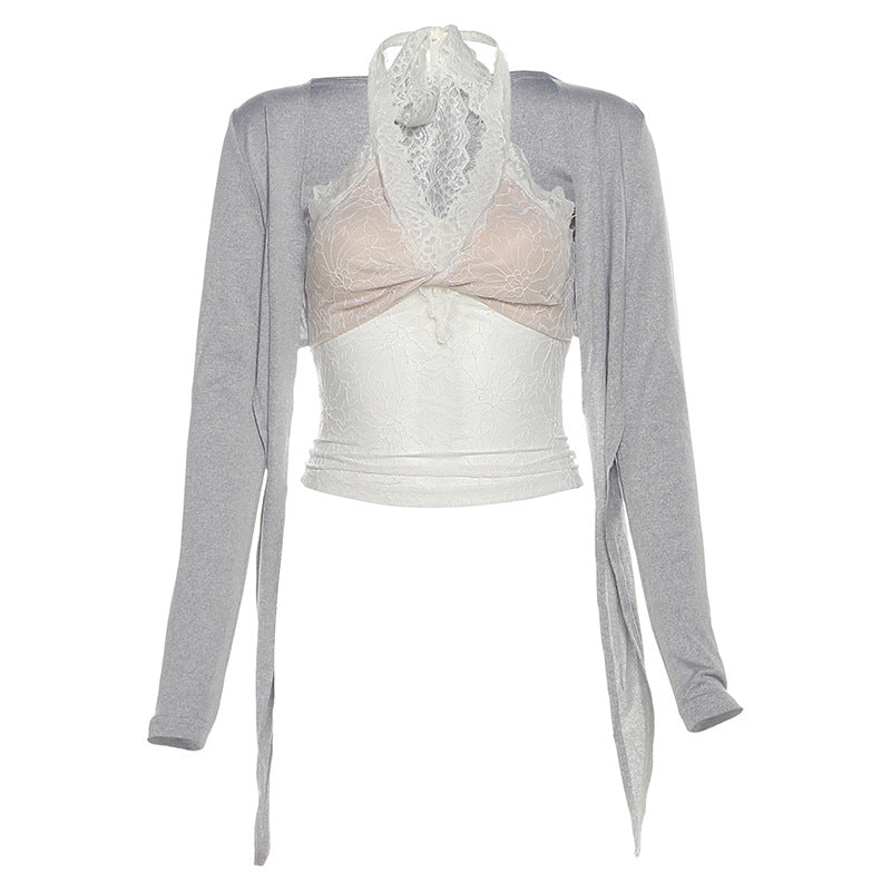 Halter long sleeve lace self tie 2 piece top  | Festival Outfits Women