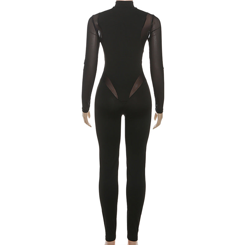 High neck long sleeve mesh patchwork jumpsuit  | Festival Outfits Women