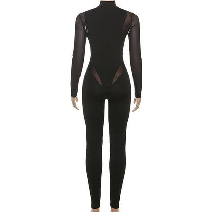 High neck long sleeve mesh patchwork jumpsuit  | Festival Outfits Women