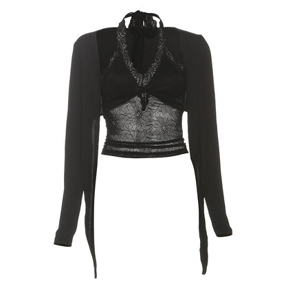Halter long sleeve lace self tie 2 piece top  | Festival Outfits Women
