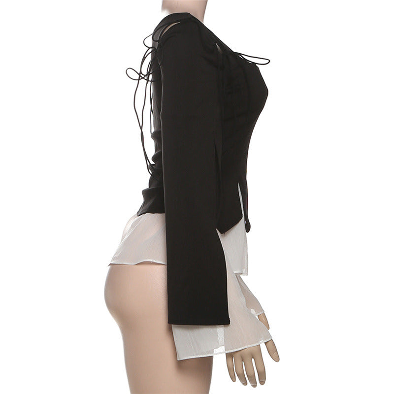 Long sleeve self tie ruffle top  | Festival Outfits Women