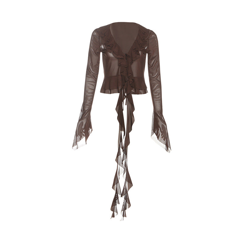 Long flared sleeve mesh ruffle top  | Festival Outfits Women