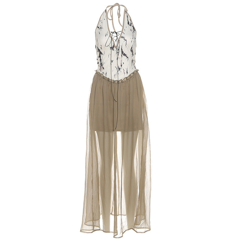 Halter v neck backless print ruffle maxi dress  | Festival Outfits Women