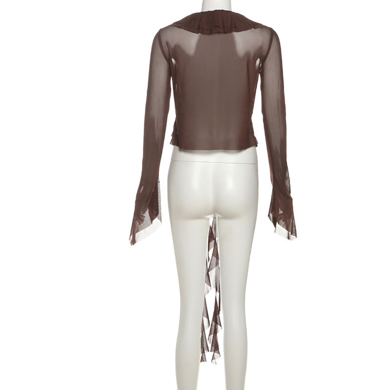 Long flared sleeve mesh ruffle top  | Festival Outfits Women