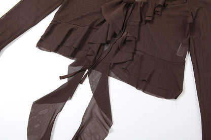 Long flared sleeve mesh ruffle top  | Festival Outfits Women