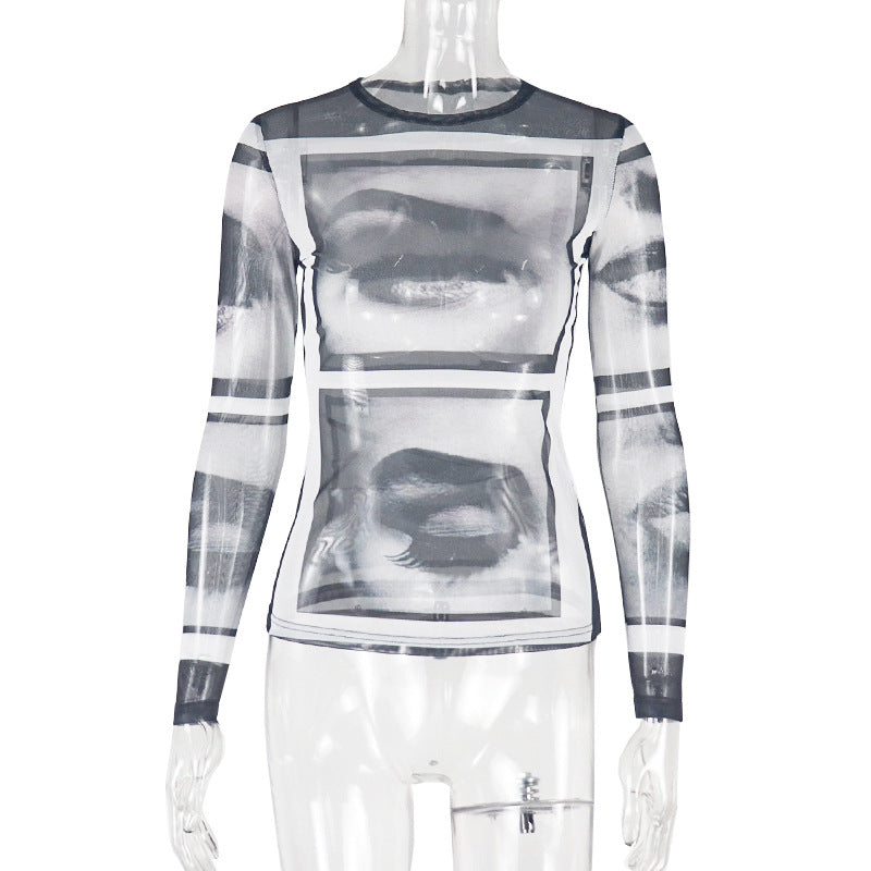 Long sleeve abstract crewneck mesh top  | Festival Outfits Women