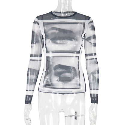 Long sleeve abstract crewneck mesh top  | Festival Outfits Women