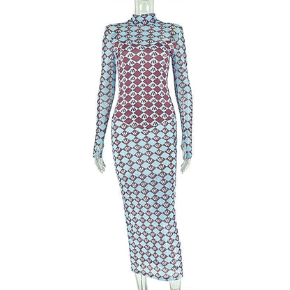 High neck long sleeve mesh print maxi dress  | Festival Outfits Women