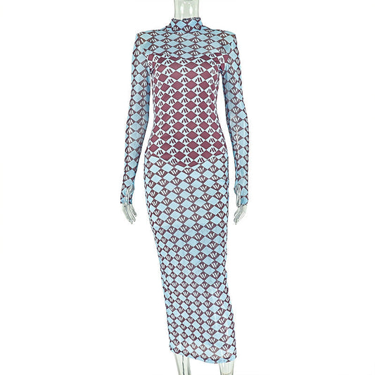 High neck long sleeve mesh print maxi dress  | Festival Outfits Women