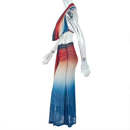 Cowl neck halter gradient backless maxi skirt set  | Festival Outfits Women
