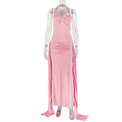 Halter ruched backless o ring maxi dress  | Festival Outfits Women