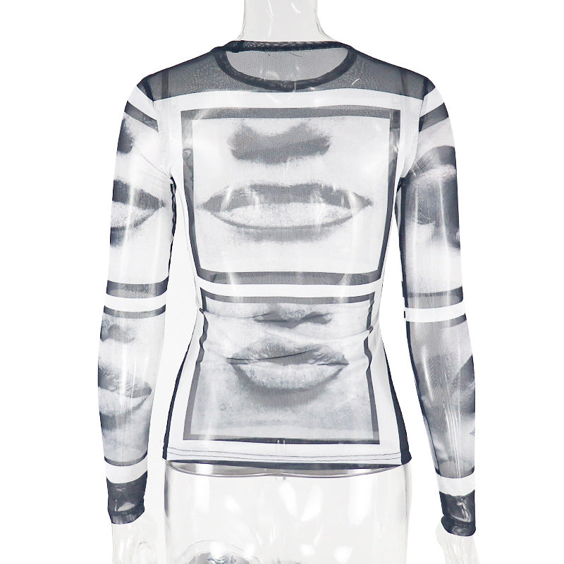 Long sleeve abstract crewneck mesh top  | Festival Outfits Women